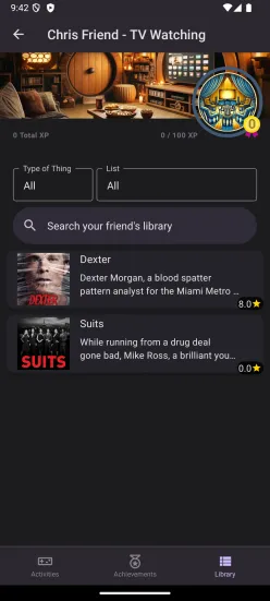 A screenshot of a friend's library with a list of things in it.