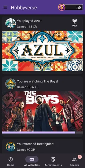 Screenshot showing a list of completed activities for different hobbies,
like winning a board game, 80% completed watching a show, and watched a movie.
