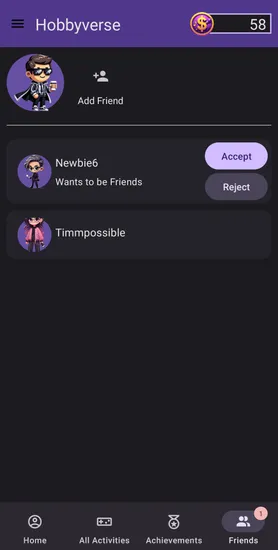 Screenshot showing the user's avatar at the top with a list of friends below with their avatars.
There is a friend request pending.