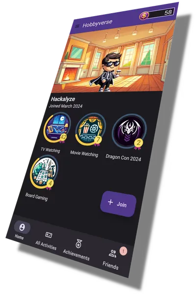 Hobbyverse app home screen with hero avatar, 4 hobbies with levels and experience, and a bottom nav bar showing activities, achievements, and friends