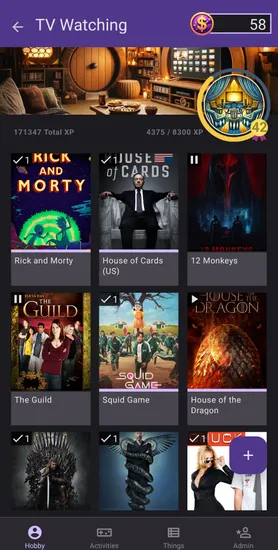 Screenshot showing the user's list of tv shows, a grid of TV show images. Some have progress bars.