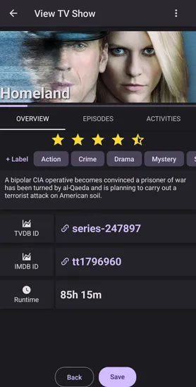 Screenshot showing TV Show details for the show Homeland.
There is a description, show image, labels (like action, drama), runtime, TVDB links,
episodes, and activities