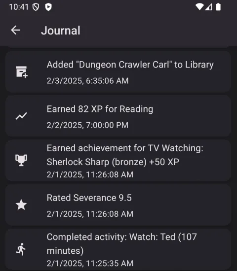 A screenshot of the Journal, showing a history of actions accomplished in the Hobbyverse.