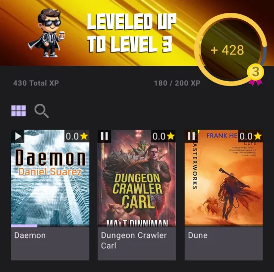 A screenshot of a user leveling up the reading hobby with some of the books in their library shown below the animations