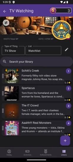 A screenshot of ranked Library lists in Hobbyverse