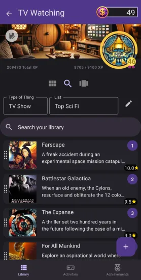A screenshot of a ranked list of shows in a list called "Top Sci Fi" within the Hobbyverse app.