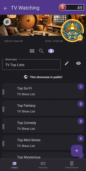 A screenshot of a ranked set of lists like "Top Sci Fi" in a showcase called "TV Top Lists" within the Hobbyverse app.