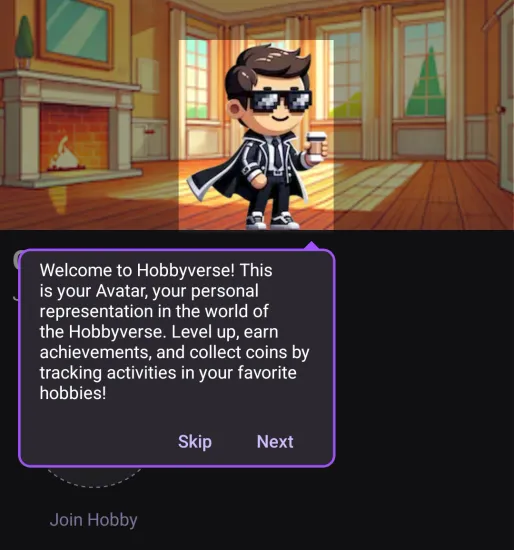 A screenshot of a new user walkthrough guide in Hobbyverse